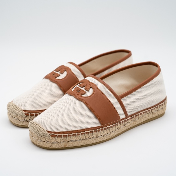 size 8G 8.5 US Gucci Espadrilles White Brown Leather Canvas Interlocking GG